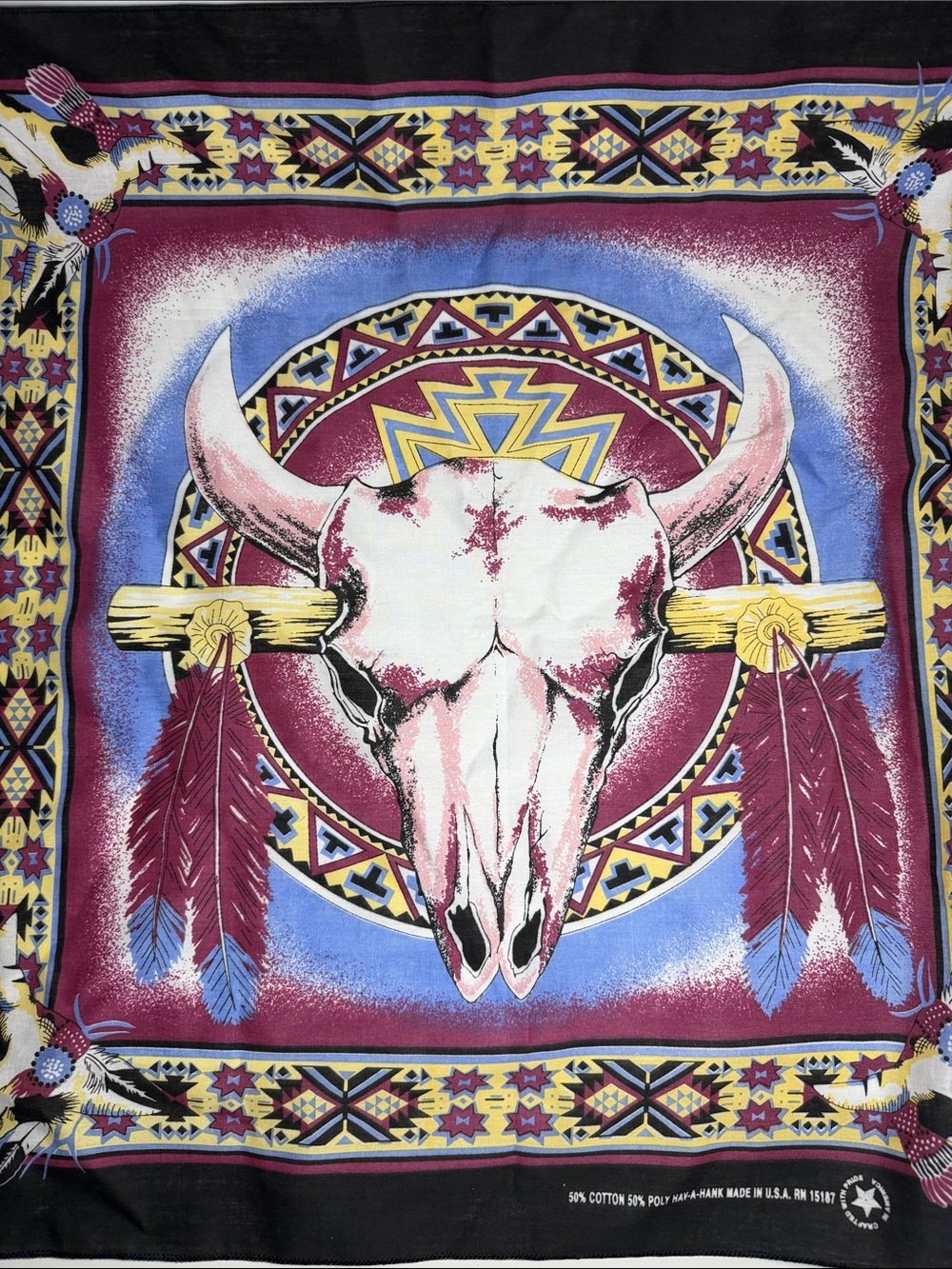 Motorcycle Bandana Native American Cow Skull Feather Southwestern Vtg Scarf 🇺🇸